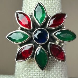 Striking sterling silver 925 floral ring green red and blue jewels boho ethnic